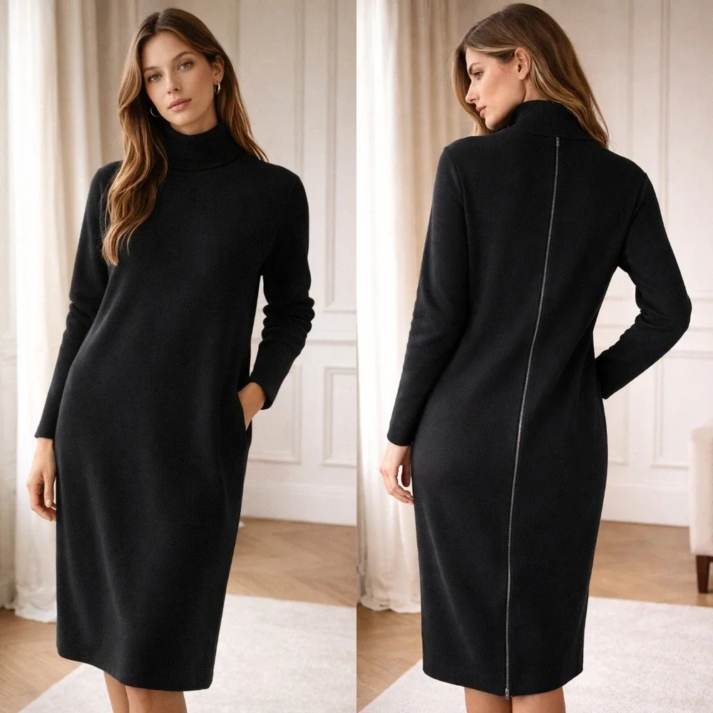 COS Black Mockneck Jersey‎ Knit Midi Dress Full Back Zip